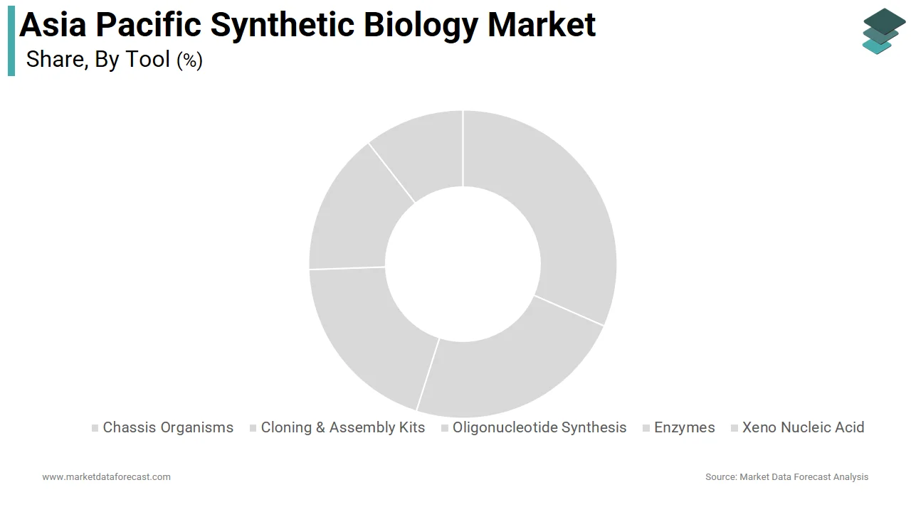 Market Data Forecast reports that the enzymes segment held the dominant share of the Asia Pacific synthetic biology market in 2025.