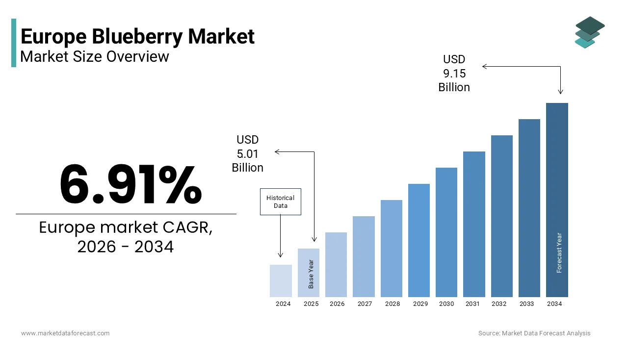The Europe blueberry market size is projected to reach USD 9.15 billion by 2034, growing at a CAGR of 6.91%.