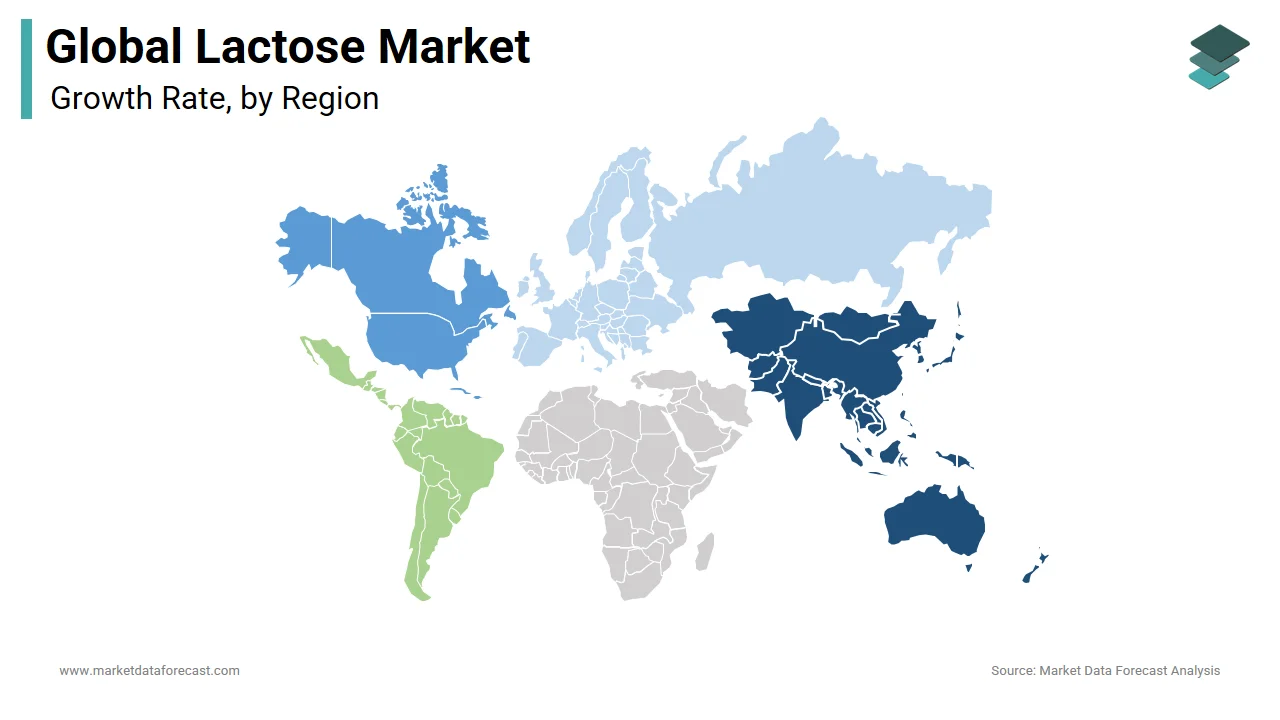 The North American region held the largest share of the lactose market worldwide in 2024.