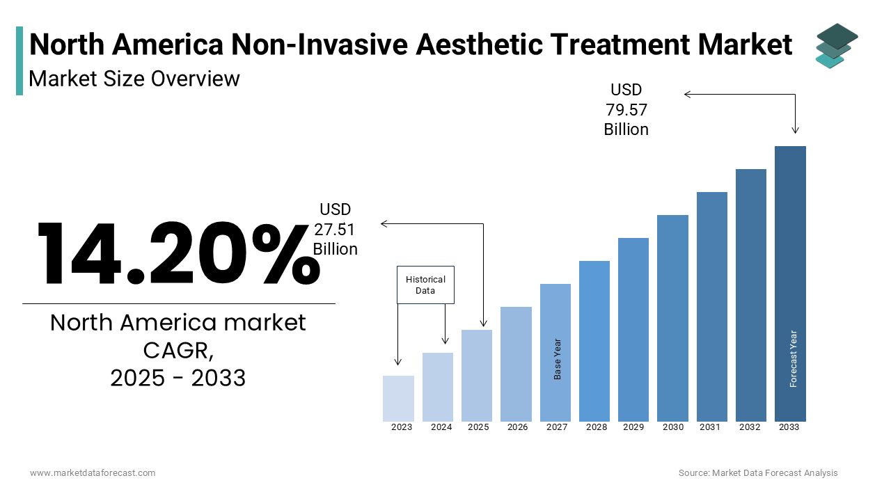 The North America Non-Invasive Aesthetic Treatment Market was worth USD 24.09 billion in 2024.